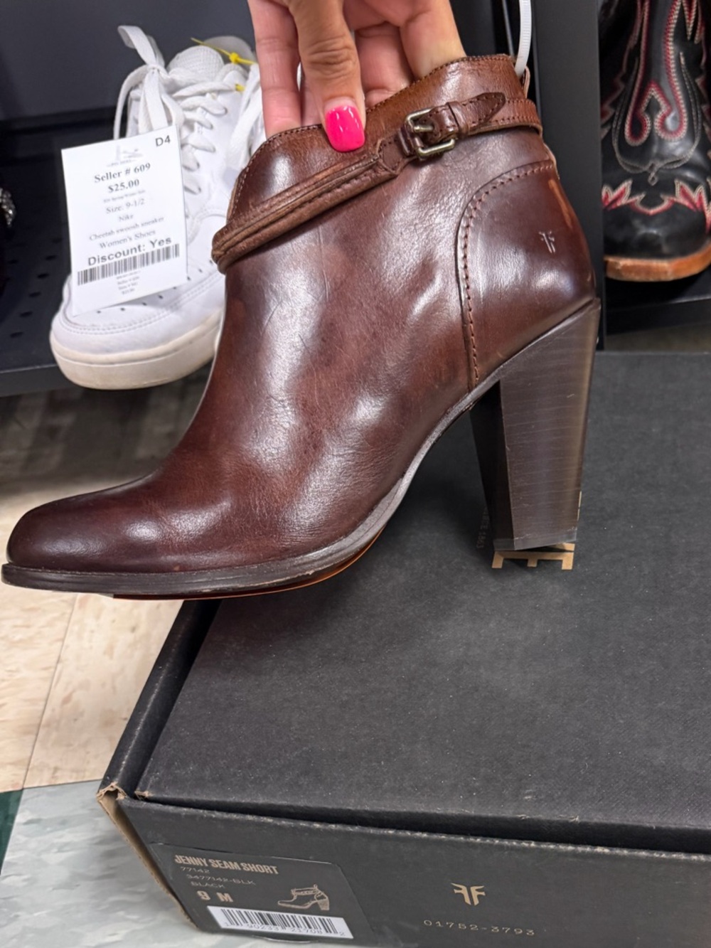 Frye Dark Brown Leather High Heel Ankle Boot with Strap